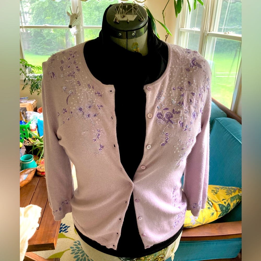 Beautiful lavender beaded sweater cardigan. SOFT
